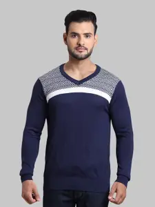 ColorPlus Men Blue & White Colourblocked Pullover Sweater
