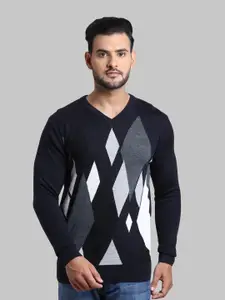 ColorPlus Men Plus Size Navy Blue & White Printed Pullover Sweater
