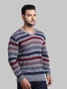 ColorPlus Men Grey & Maroon Striped Pullover