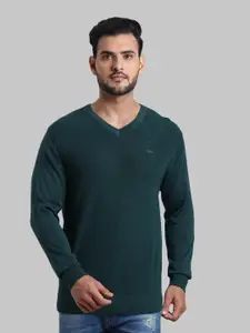 ColorPlus Men Green Solid V-Neck Acrylic Pullover