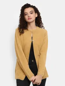 V-Mart Women Khaki Solid Hair Round Neck Cardigan Sweatshirt