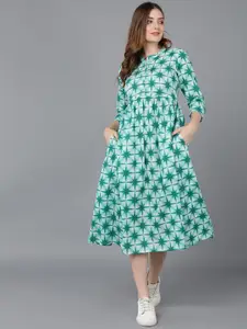 AHIKA Women Sea Green Floral A-Line Cotton Midi Dress