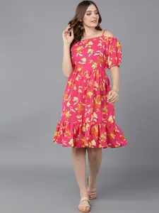 AHIKA Women Coral & Yellow Floral Printed Off-Shoulder Fit and Flare Dress