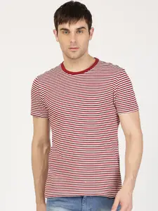 ether Men White  Maroon Striped Round Neck Pure Cotton T-shirt