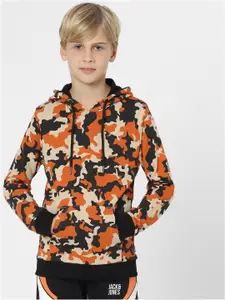 Jack & Jones Junior Boys Orange & Black Printed Hooded Sweatshirt