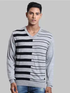 Parx Men Grey & Black Striped Pullover Sweater