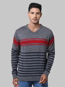 Parx Men Grey & Red Striped V-Neck Acrylic Pullover