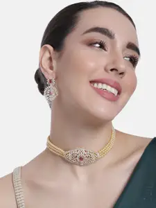 Estele Gold Plated CZ Sitara Choker Necklace Set with Pearls For Women