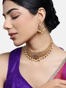 Estele Gold Plated CZ Elegant Bridal Choker Necklace Set With Pearls