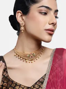 Estele Gold Plated CZ Peacock Designer Bridal Choker Necklace Set With Pearls