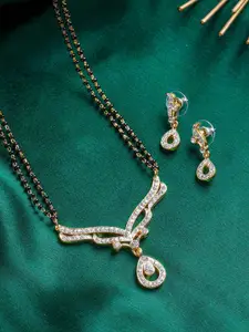 Estele Gold-Plated White CZ Studded & Black Beaded Mangalsutra & Earrings Set