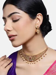 Estele Gold Plated CZ Dazzling Bridal Choker Necklace Set with Pearls for Women