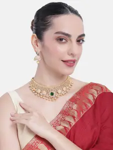 Estele Gold Plated CZ Flower Designer Bridal Choker Necklace set with Pearl