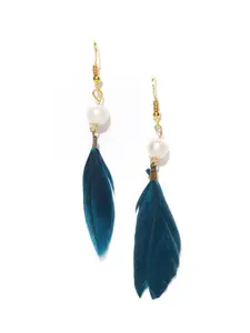 OOMPH Teal Blue & Off-White Feather-Shaped Handcrafted Drop Earrings