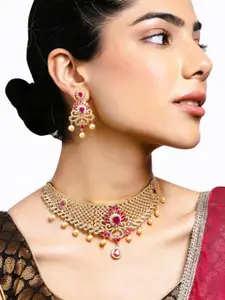 Estele Gold Plated CZ Fascinating Bridal Choker Necklace Set With Pearls for Women