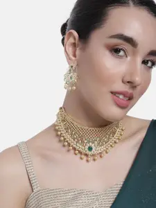 Estele Gold Plated CZ Gorgeous Bridal Choker Necklace Set With Pearls & Crystals