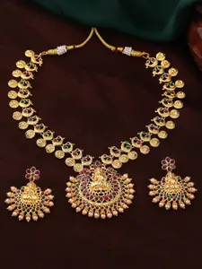 Estele Gold Plated CZ Traditional Laxmi Ji Designer Necklace Set with Pearl
