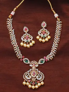 Estele Gold Plated CZ Mayuri Traditional Bridal Necklace Set With Pearls for Women
