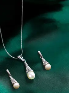 Estele Rhodium Plated Sparkling Pearl Drop Pendant Set with Austrian Crystals