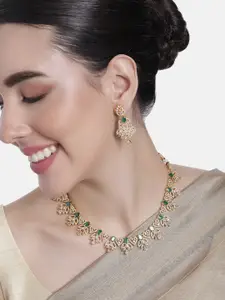 Estele Gold Plated CZ Dazzling Designer Necklace Set with Green Stones