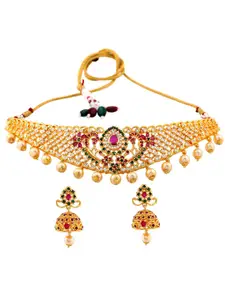 Estele Gold Plated CZ Ravishing Bridal Choker Necklace Set With Pearls
