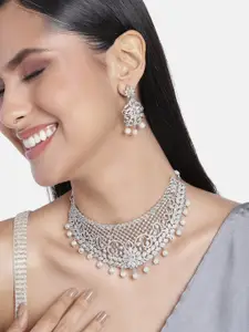 Estele Rhodium Plated CZ Bridal Choker Necklace Set with Crystals & Pearls