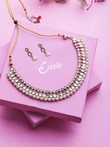 Estele Women Gold-Plated & White Kundan Studded Necklace and Earrings