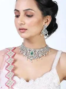 Estele Rhodium Plated CZ Magnificent Bridal Choker Necklace Set with Pearls