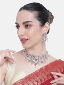 Estele Rhodium Plated CZ Magnificent Choker Necklace Set With Pearls for Women