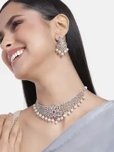 Estele Rhodium Plated CZ Elegant Bridal Choker Necklace Set With Pearls