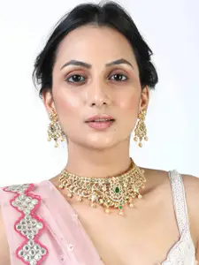 Estele Gold Plated CZ Magnificent Bridal Choker Necklace Set with Pearls for Women