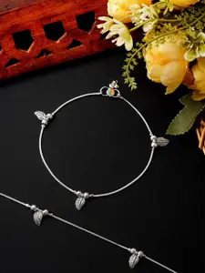 Urmika Women Set of 2 Silver-Plated Charm Leaf & Beaded Anklets