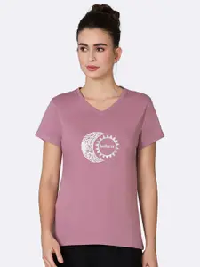 Van Heusen Women Dusky Orchid Sun & Moon Front Print V-Neck Short Sleeve Lounge T-Shirt