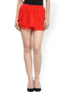 Cation Women Red Solid Curved Straight Mini Skirt With Attached Shorts