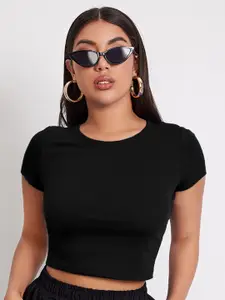 AAHWAN Women Black Solid Fitted Polyester Crop Top