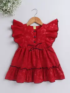 The Magic Wand Girls Red Floral Flutter Sleeves A-Line Dress