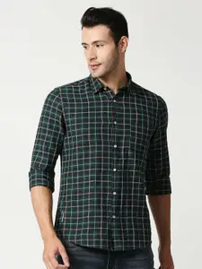 Pepe Jeans Men Green Tartan Checked Cotton Linen Casual Shirt