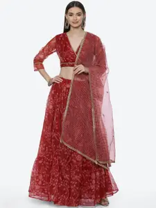Biba Red Printed Semi-Stitched Lehenga & Unstitched Blouse With Dupatta