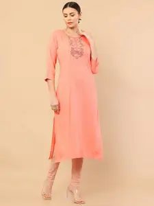 Soch Women Peach-Coloured Yoke Design Thread Work Kurta