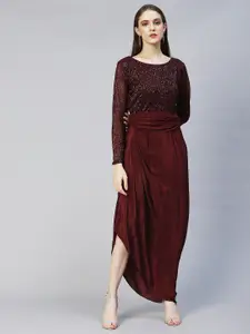Envy Me by FASHOR Women Burgundy Sequin Embroidered Crepe Maxi Dress
