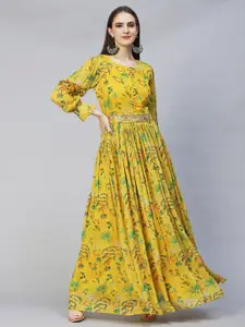 Envy Me by FASHOR Yellow Floral Pleated Flared Georgette Maxi Dress with Embroidered Belt