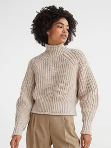 H&M Women Beige Solid Open Knit Turtle Neck Pullover