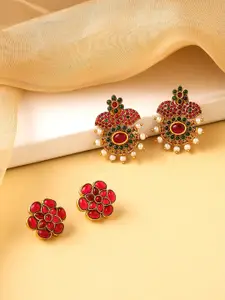 Yellow Chimes Set of 2 pairs Gold plated Multicolor Kundan Studs Earring