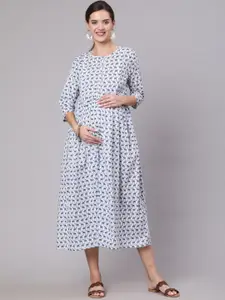 Nayo Women White & Blue Animal Printed Flared Maternity Midi Dress