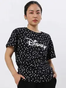 Bewakoof Women Black Disney Polka Dots Printed Oversized T-shirt