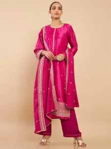Soch Magenta & Gold-Toned Embroidered Art Silk Unstitched Dress Material