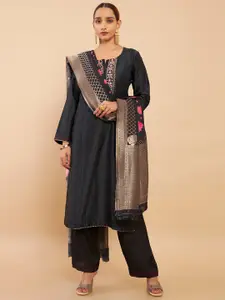 Soch Black & Pink Embroidered Art Silk Unstitched Dress Material