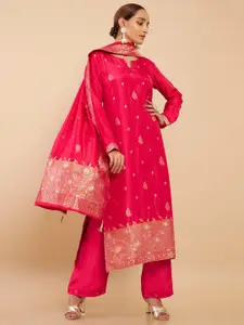 Soch Women Fuchsia & Gold-Toned Embroidered Art Silk Unstitched Dress Material