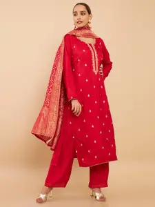 Soch Red & Gold-Toned Embroidered Art Silk Unstitched Dress Material