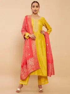 Soch Mustard & Red Embroidered Art Silk Unstitched Dress Material